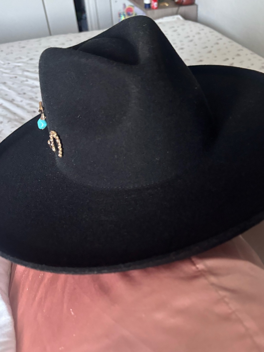 Lack Of Color Black Wide-Brim Fedora with Turquoise Accent Bead
